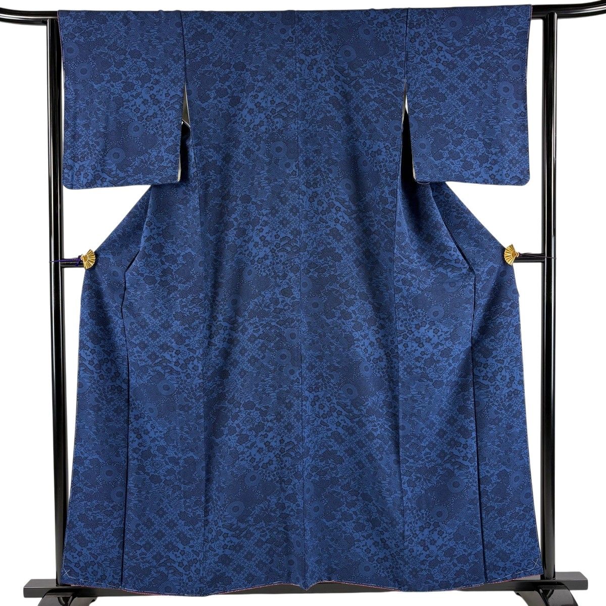 【美品　トールサイズ】江戸小紋　青灰　寄せ柄　正絹　袷　裄丈71.5 身丈174 美品】 江戸小紋 身丈158cm 裄丈62cm S 袷 菊 花唐草 藍色 正絹 秀品