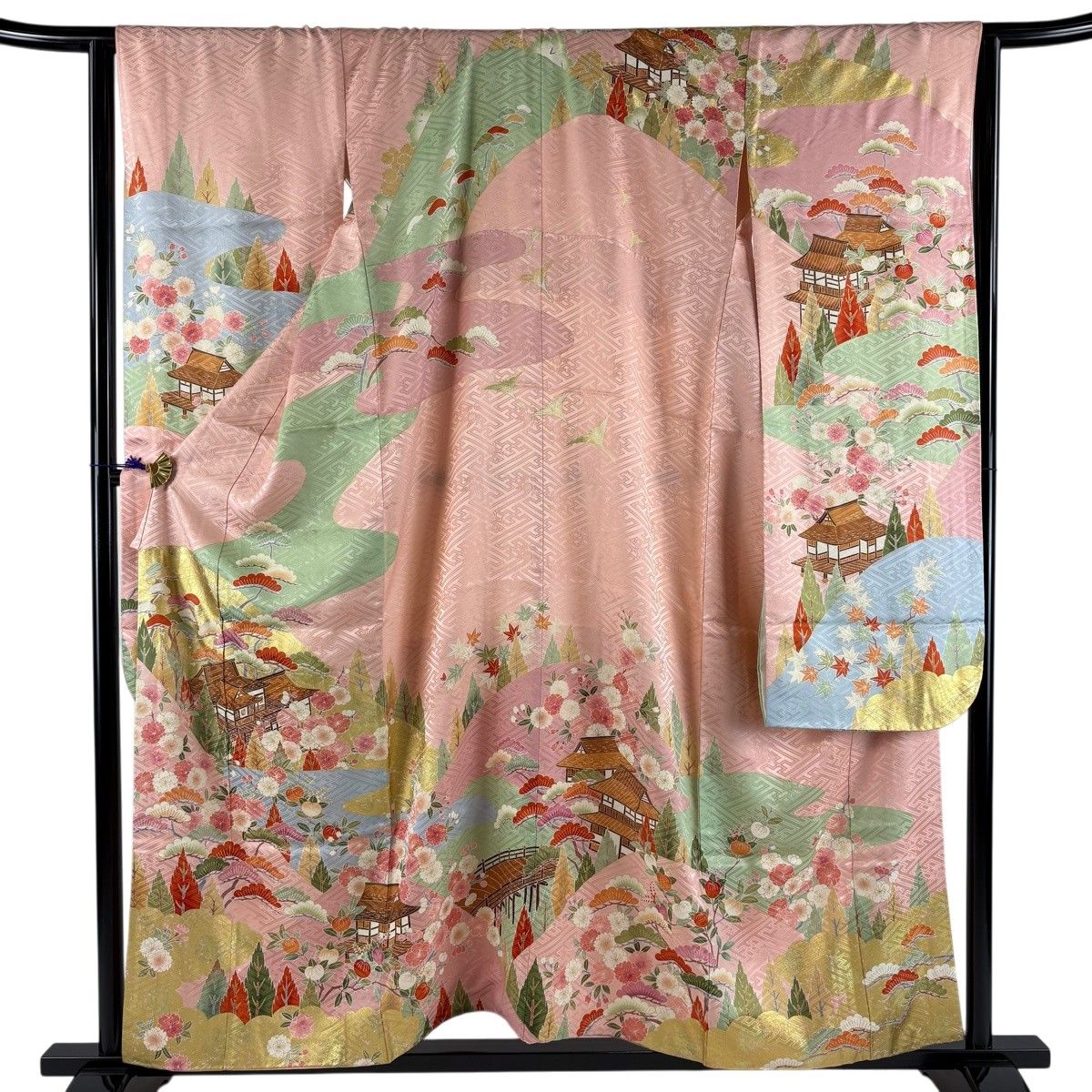 振袖 身丈155.5cm 裄丈65cm M 袷 鈴乃屋 建物 松梅 金彩 ピンク 正絹 秀品 【中古】