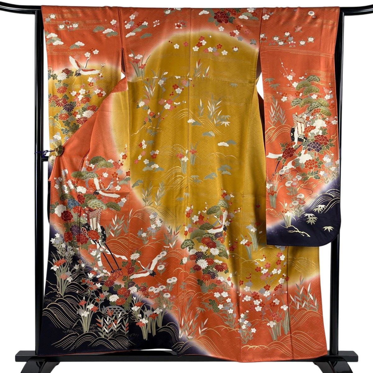 振袖 身丈157cm 裄丈64cm M 袷 草花 御所車 金彩 染め分け オレンジ 正絹 秀品 【中古】