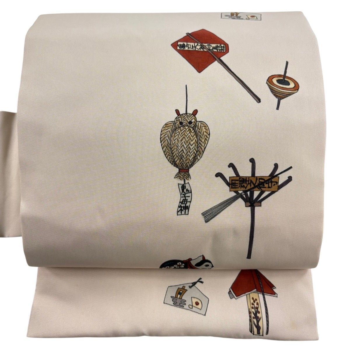 名古屋帯 秀品 落款 玩具 絵馬 ピンクベージュ 正絹 【中古】