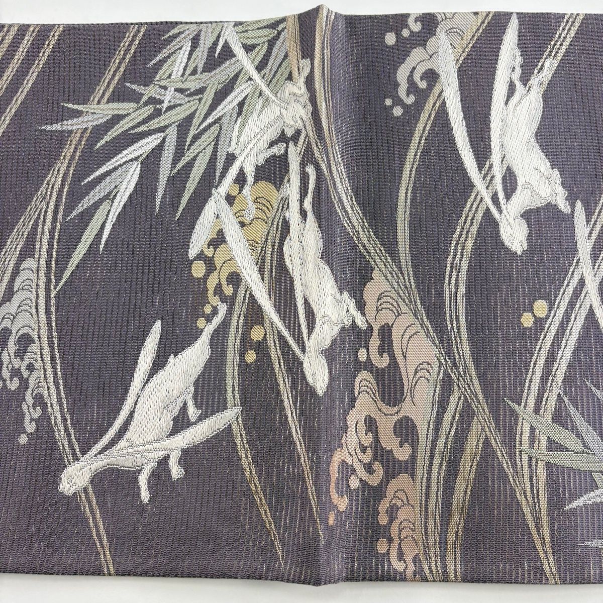 美品】 袋帯 秀品 夏帯 絽 うさぎ 波頭 銀糸 箔 灰紫 六通 正絹 【中古 