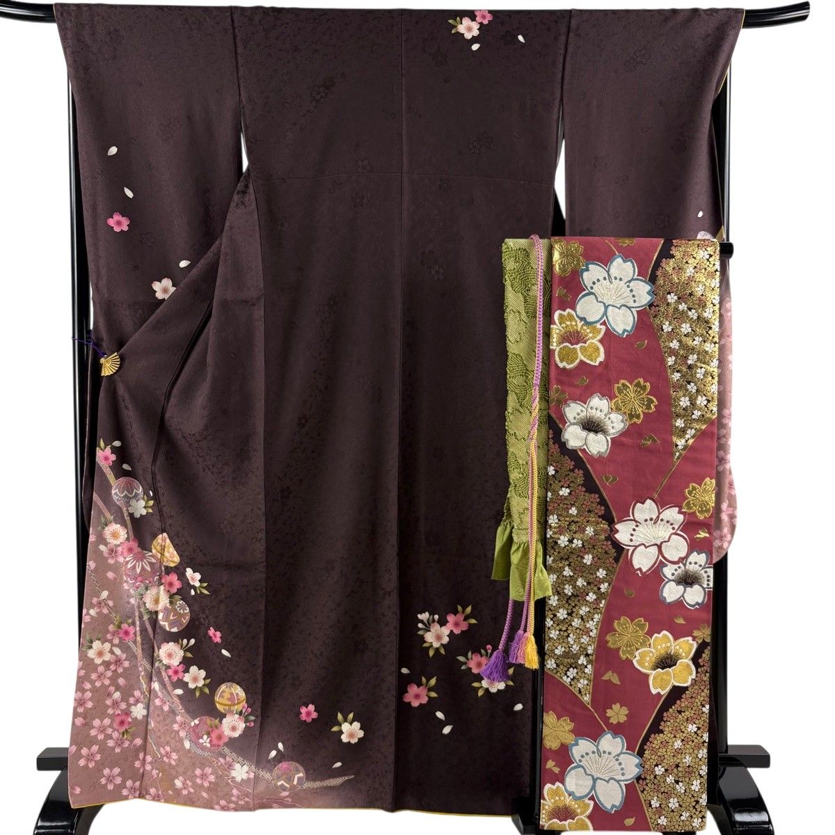 【美品】 振袖 身丈168cm 裄丈68.5cm L 袷 袋帯フルセット 手鞠 桜 ラメ 金彩 茶紫 正絹 秀品 【中古】