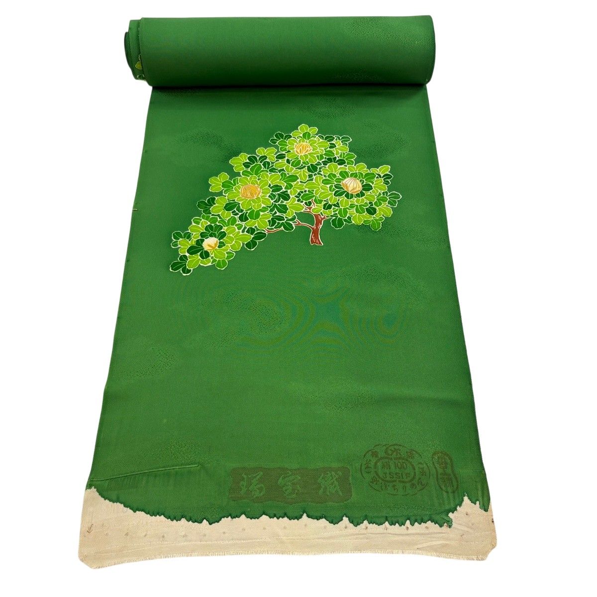 反物 秀品 付下げ 樹木 花 金彩 緑 正絹 【中古】