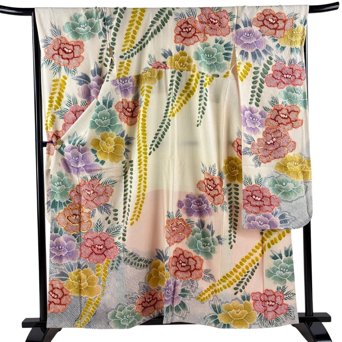 振袖 身丈159cm 裄丈68.5cm L 袷 牡丹 藤 金糸 絞り クリーム 正絹 名品 【中古】