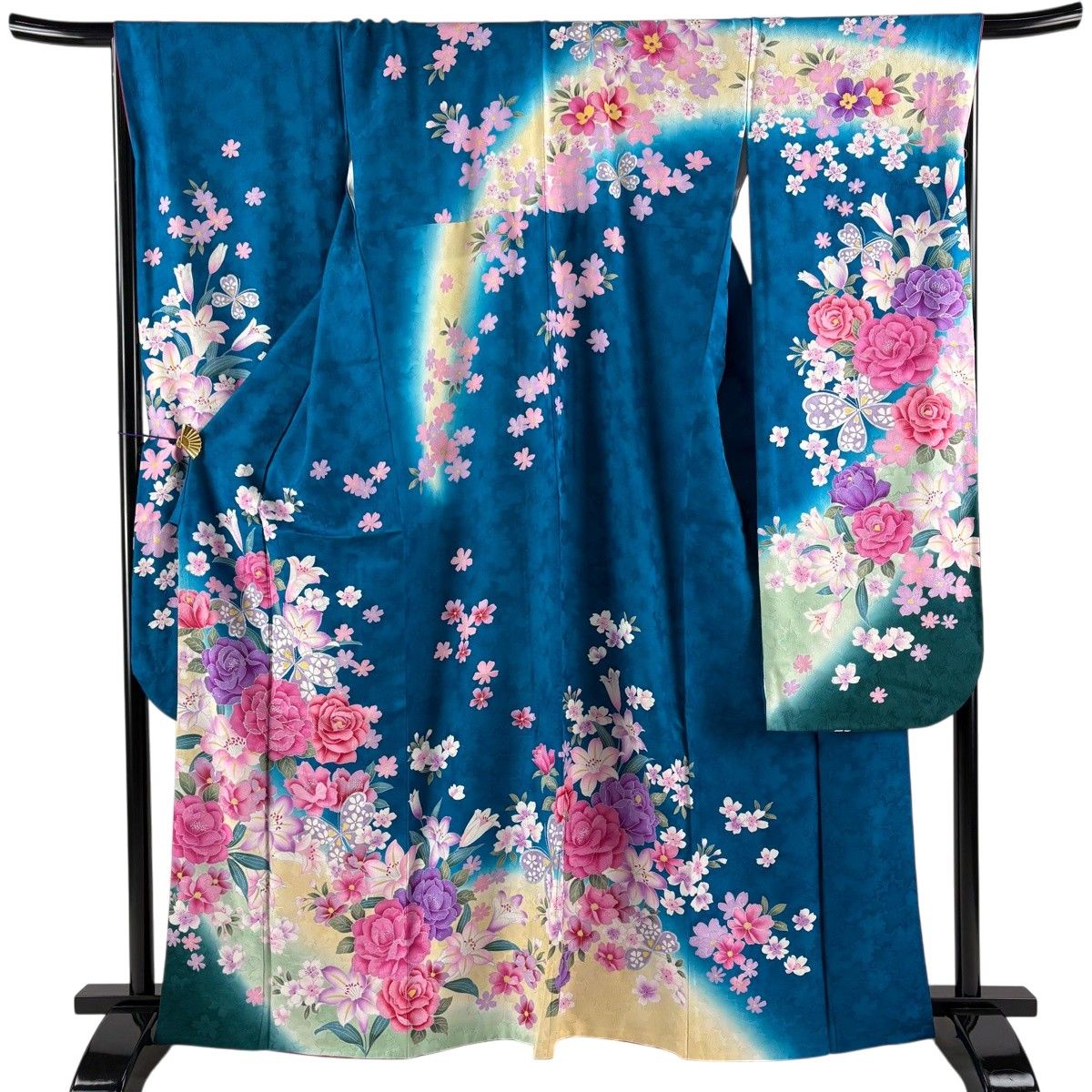 【美品】 振袖 身丈164.5cm 裄丈68cm L 袷 蝶 草花 箔 銀彩 青緑 正絹 名品 【中古】