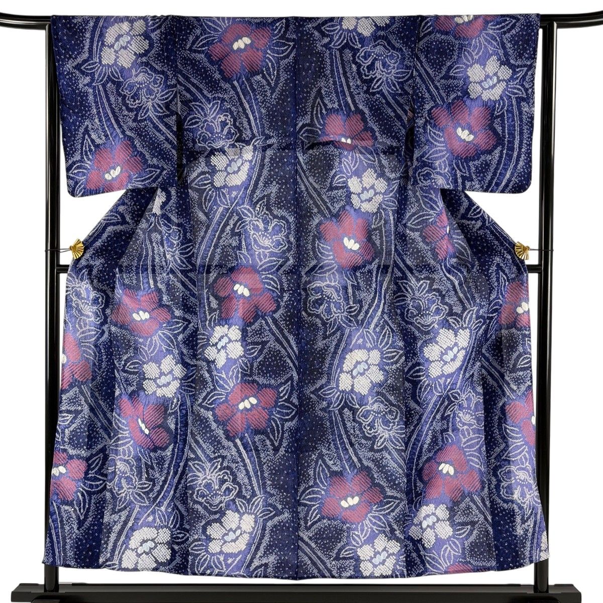 【美品】 浴衣 身丈155.5cm 裄丈63cm S 絞り浴衣 草花 紫 綿 名品 【中古】