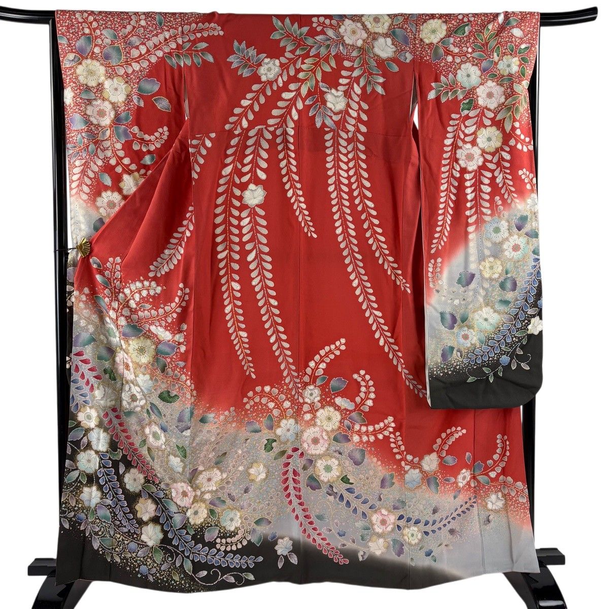 振袖 身丈164.5cm 裄丈65.5cm M 袷 草花 金糸 金彩 茜色 正絹 名品 【中古】