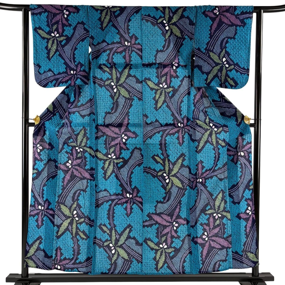 浴衣 身丈156cm 裄丈62cm S 絞り浴衣 草花 青緑 綿 名品 【中古】