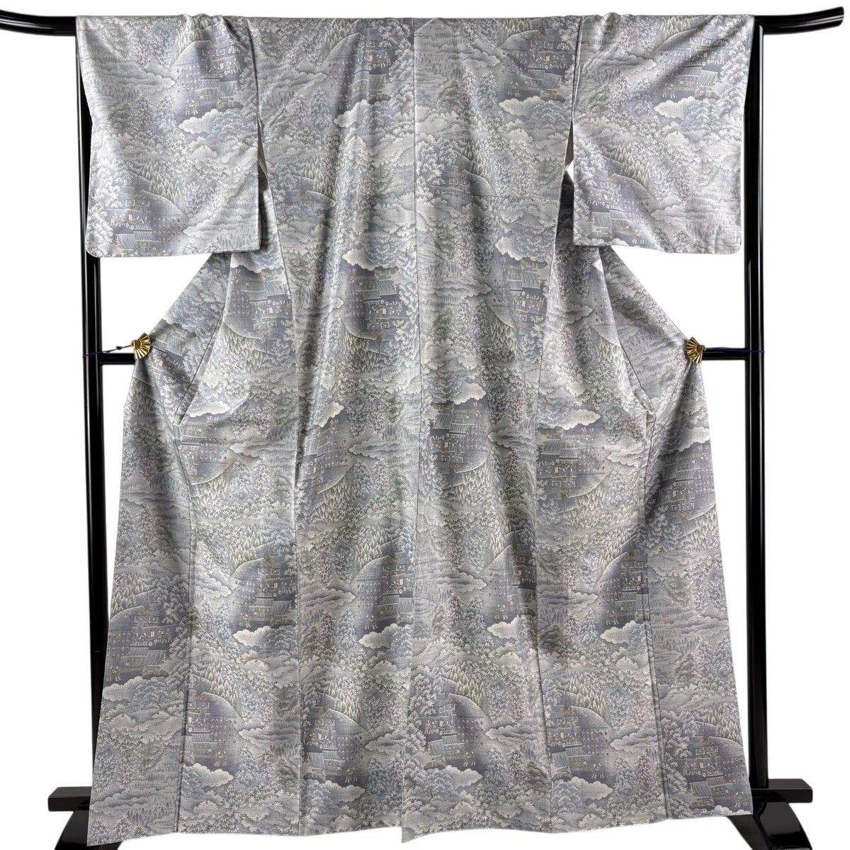【美品】 紬 身丈164.5cm 裄丈67cm M 袷 祭りの風景 樹木 灰紫 正絹 名品 【中古】
