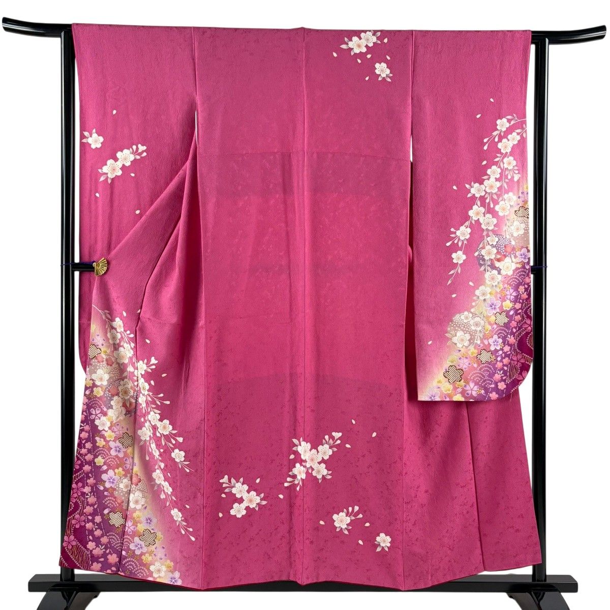 振袖 身丈156cm 裄丈63cm S 袷 雪輪 枝垂れ桜 ラメ 金彩 ピンク 正絹 名品 【中古】