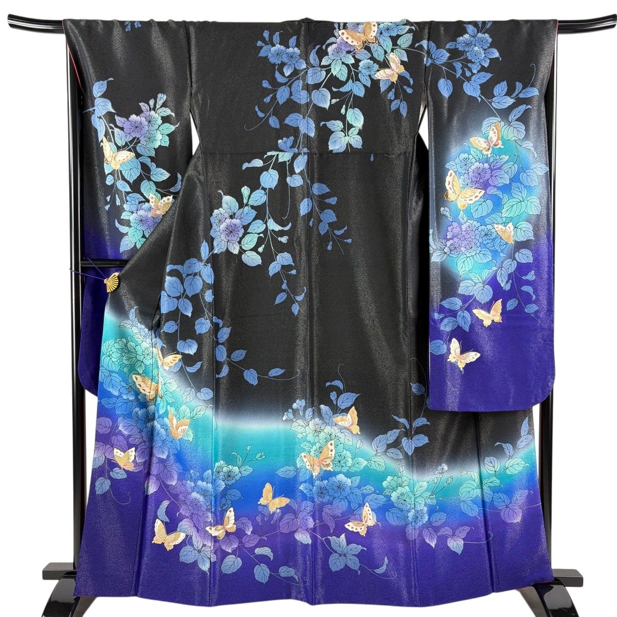 振袖 身丈163.5cm 裄丈68cm L 袷 蝶 枝花 銀通し 金銀彩 黒 正絹 名品