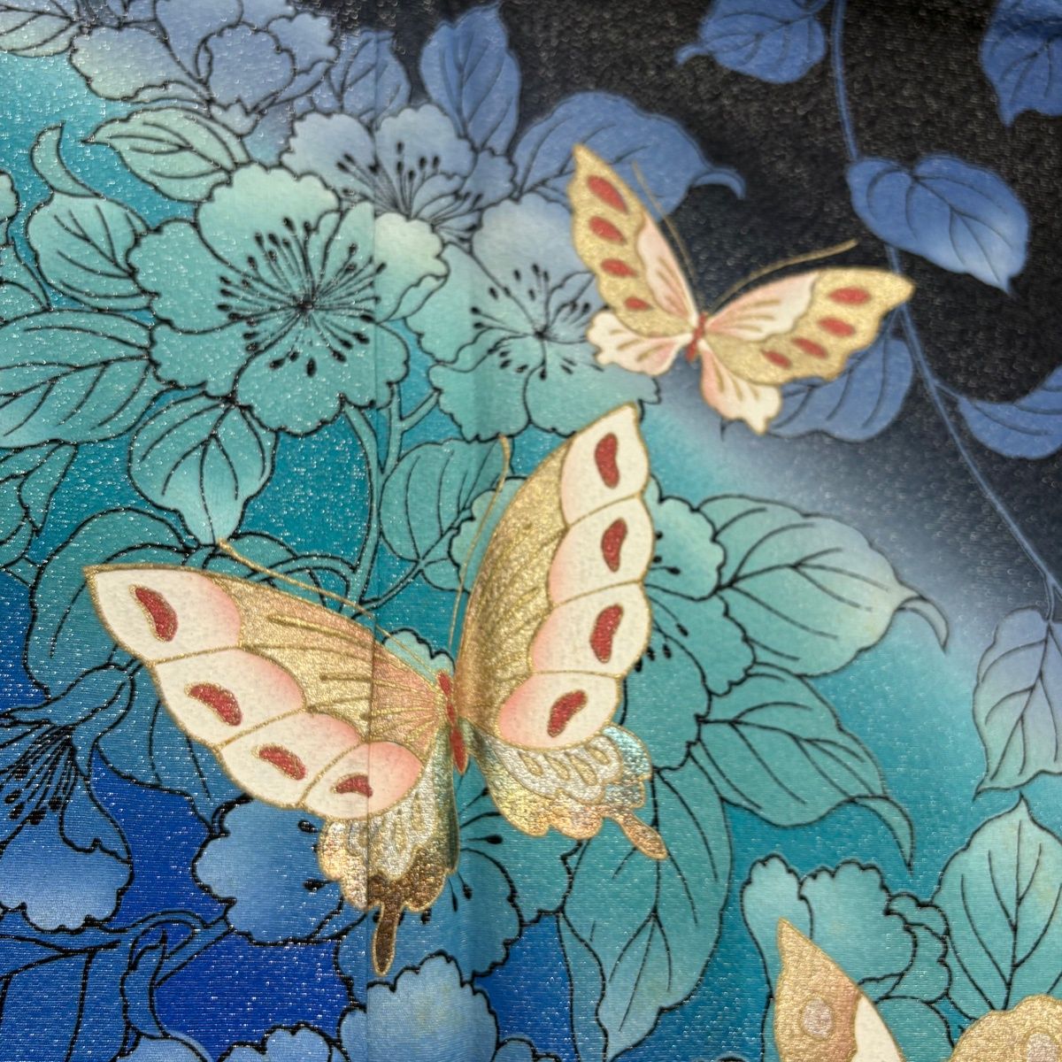 振袖 身丈163.5cm 裄丈68cm L 袷 蝶 枝花 銀通し 金銀彩 黒 正絹 名品