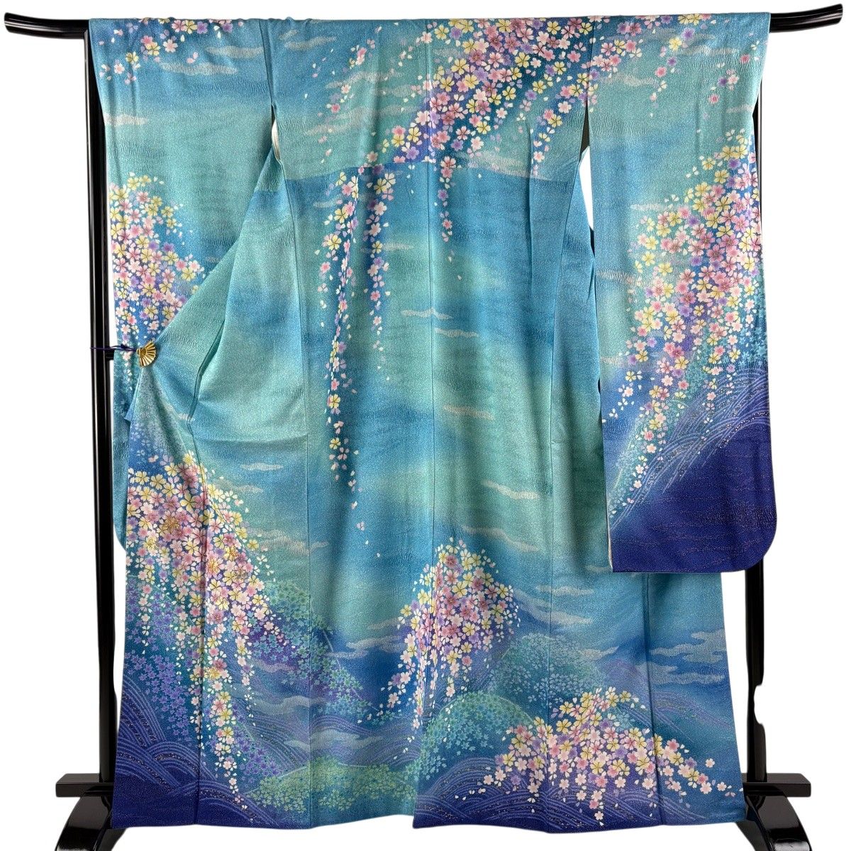 振袖 身丈165cm 裄丈67cm M 袷 桜 波 銀通し 絞り 青緑 正絹 名品