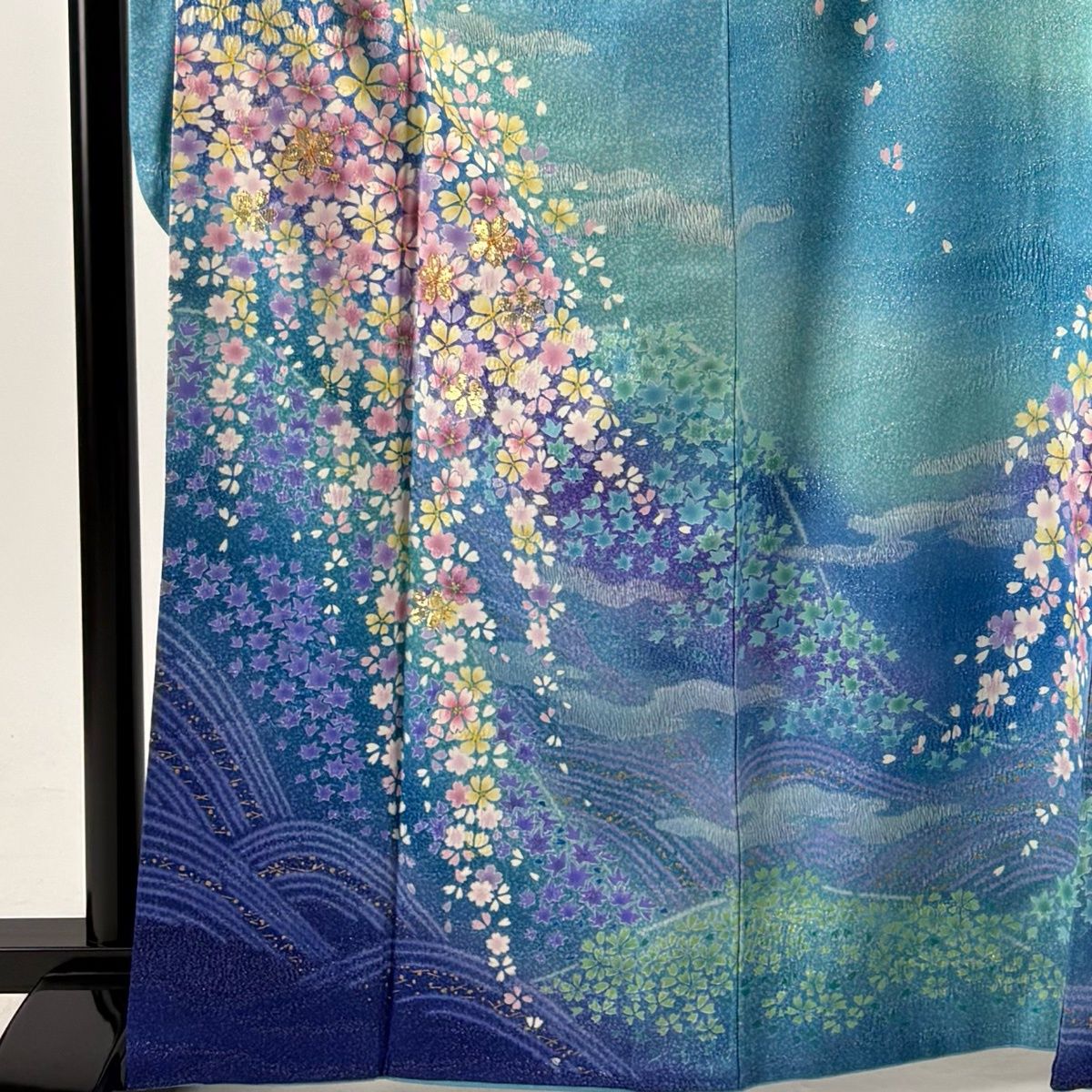 振袖 身丈165cm 裄丈67cm M 袷 桜 波 銀通し 絞り 青緑 正絹 名品