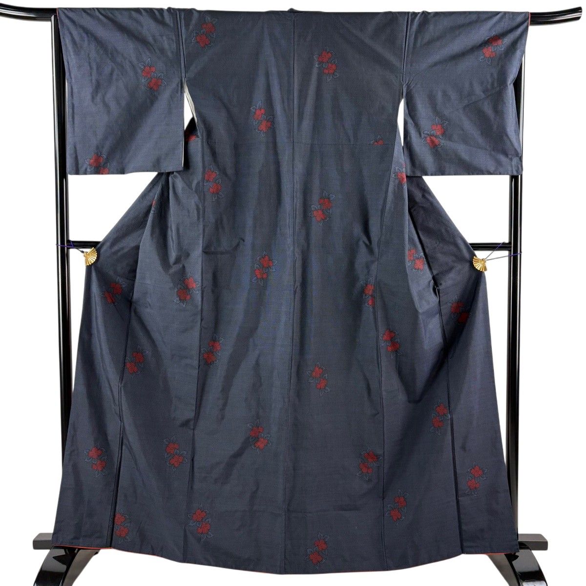 大島紬 身丈164.5cm 裄丈65.5cm M 袷 証紙 草花 紺色 正絹 名品 【中古】