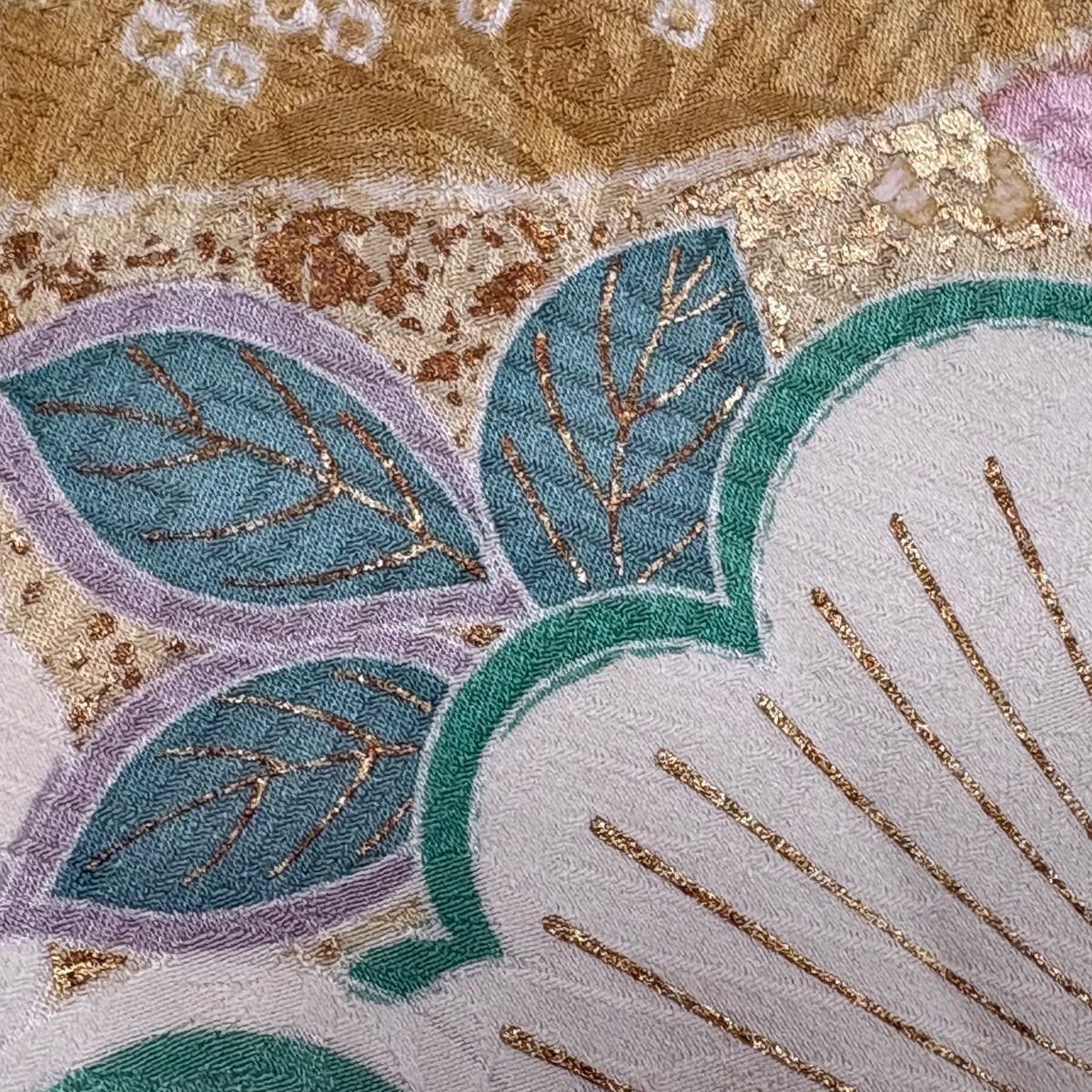 振袖 身丈163cm 裄丈65cm M 袷 笠松 草花 刺繍 絞り 緑 正絹 名品 