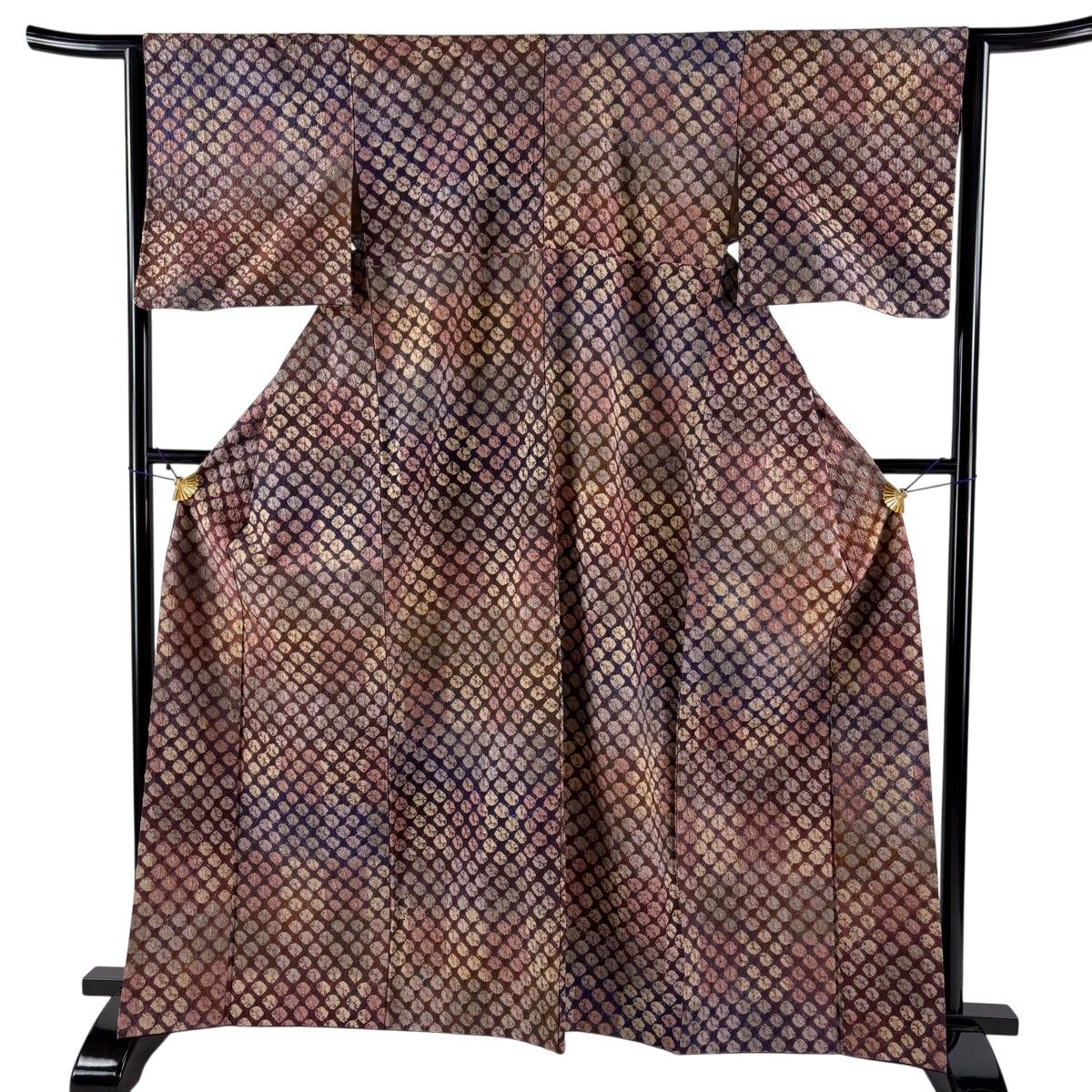 小紋 身丈163.5cm 裄丈63.5cm S 袷 手蜘蛛絞り ぼかし 茶紫 正絹 名品 【中古】