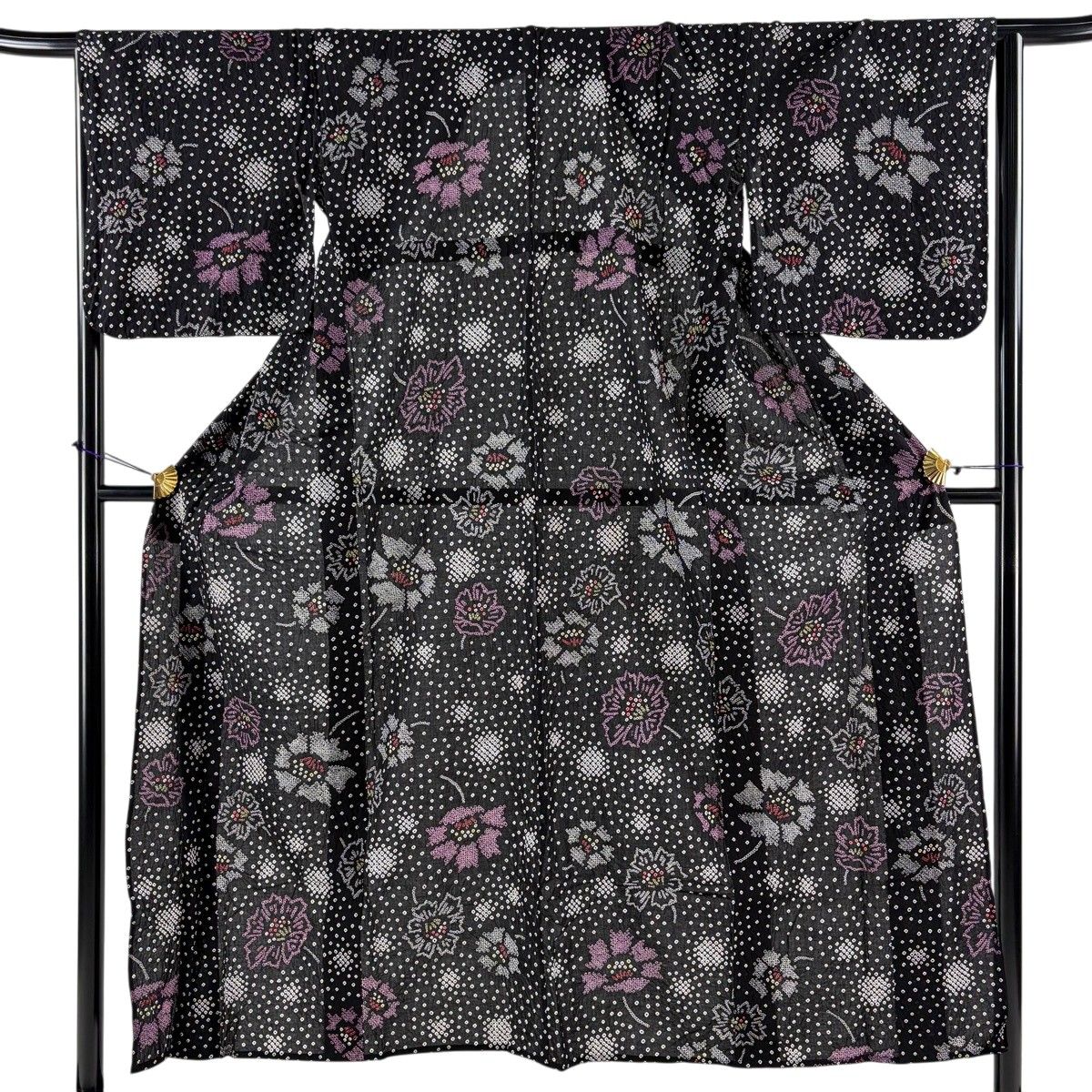 美品】 浴衣 身丈153cm 裄丈65.5cm M 絞り浴衣 草花 絞り 黒 綿 名品 