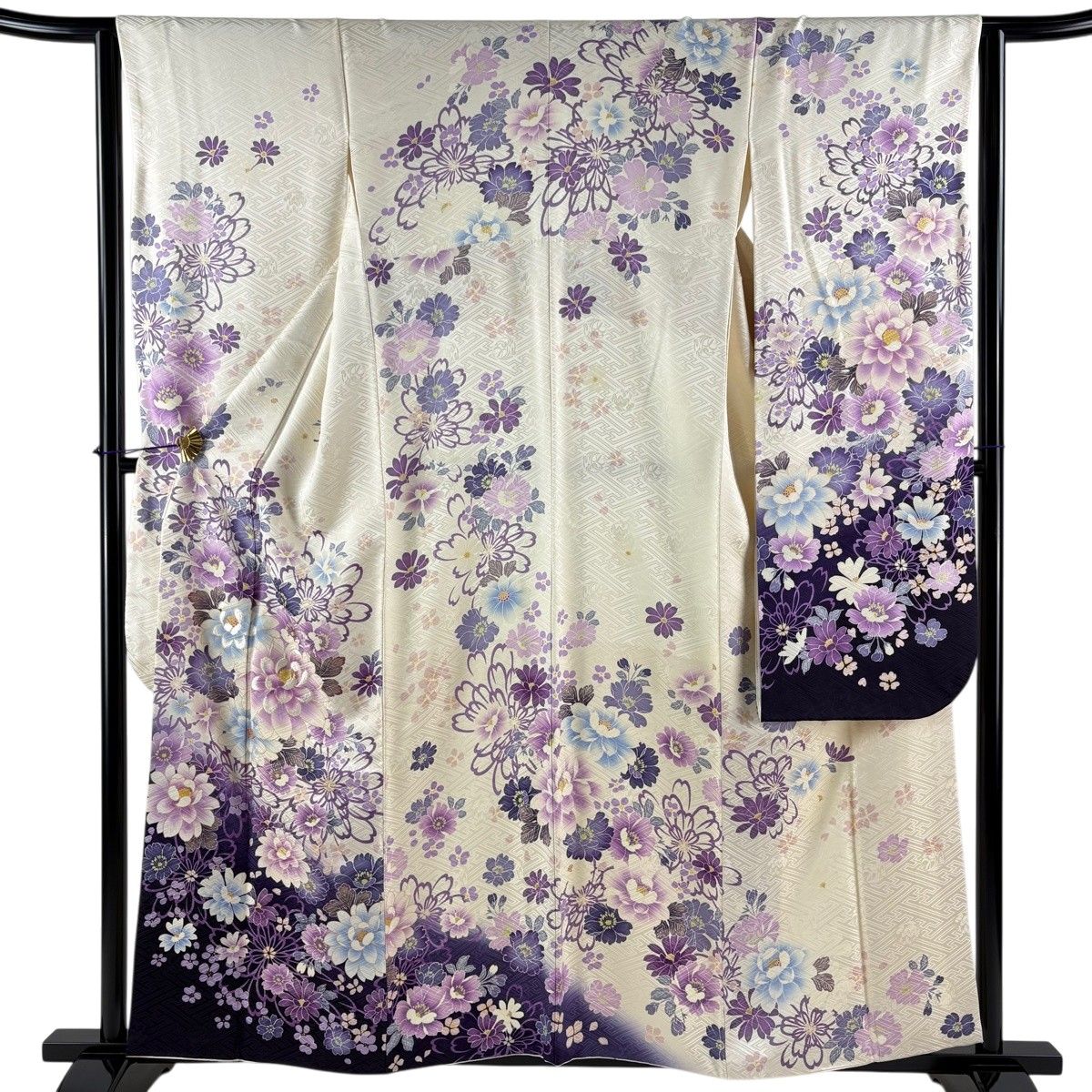 美品】 振袖 身丈157.5cm 裄丈63.5cm S 袷 鈴乃屋 花 地紋 刺繍 金彩