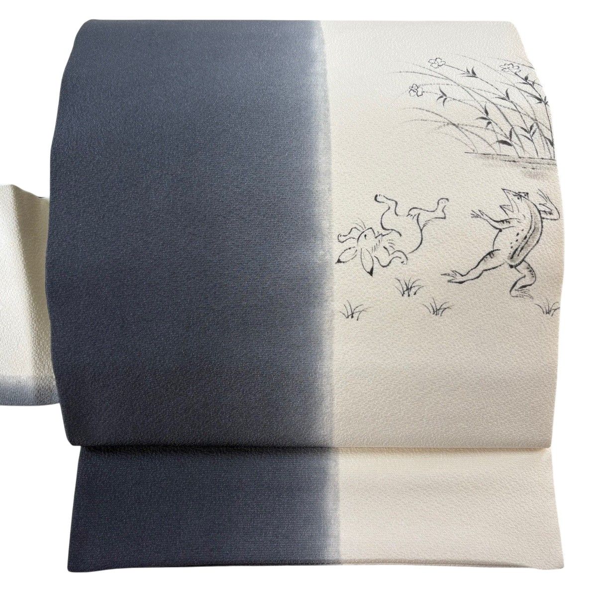 名古屋帯 名品 鳥獣戯画 黒灰 正絹 【中古】