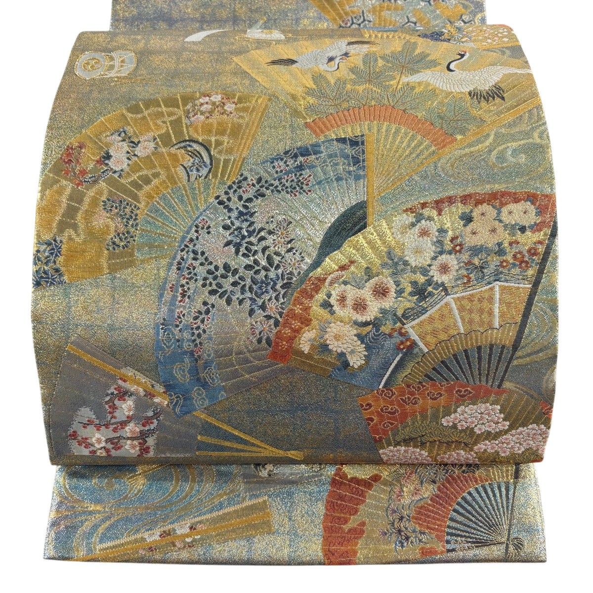 【美品】 袋帯 名品 落款 徳川美術館秘蔵 檜扇 花鳥 箔 青緑 お太鼓柄 正絹 【中古】