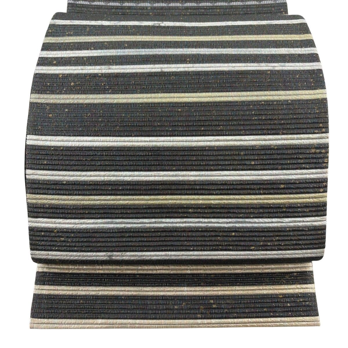 【美品】 袋帯 名品 縞 ラメ糸 金彩 茶緑色 お太鼓柄 正絹 【中古】