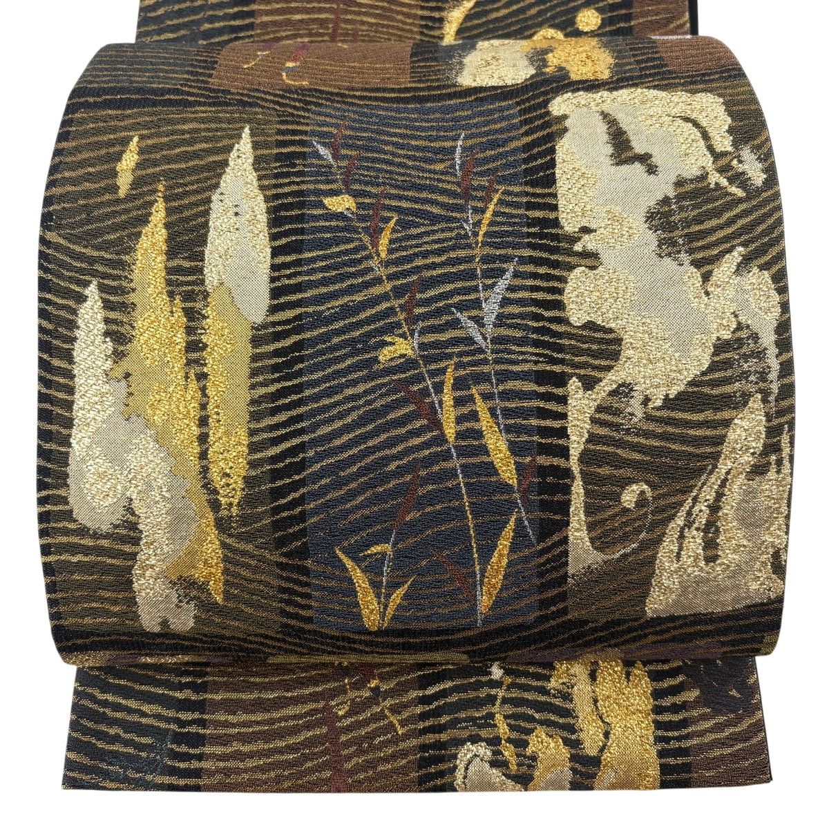 【美品】 袋帯 名品 葉柄 幾何学模様 箔 黒 六通 正絹 【中古】