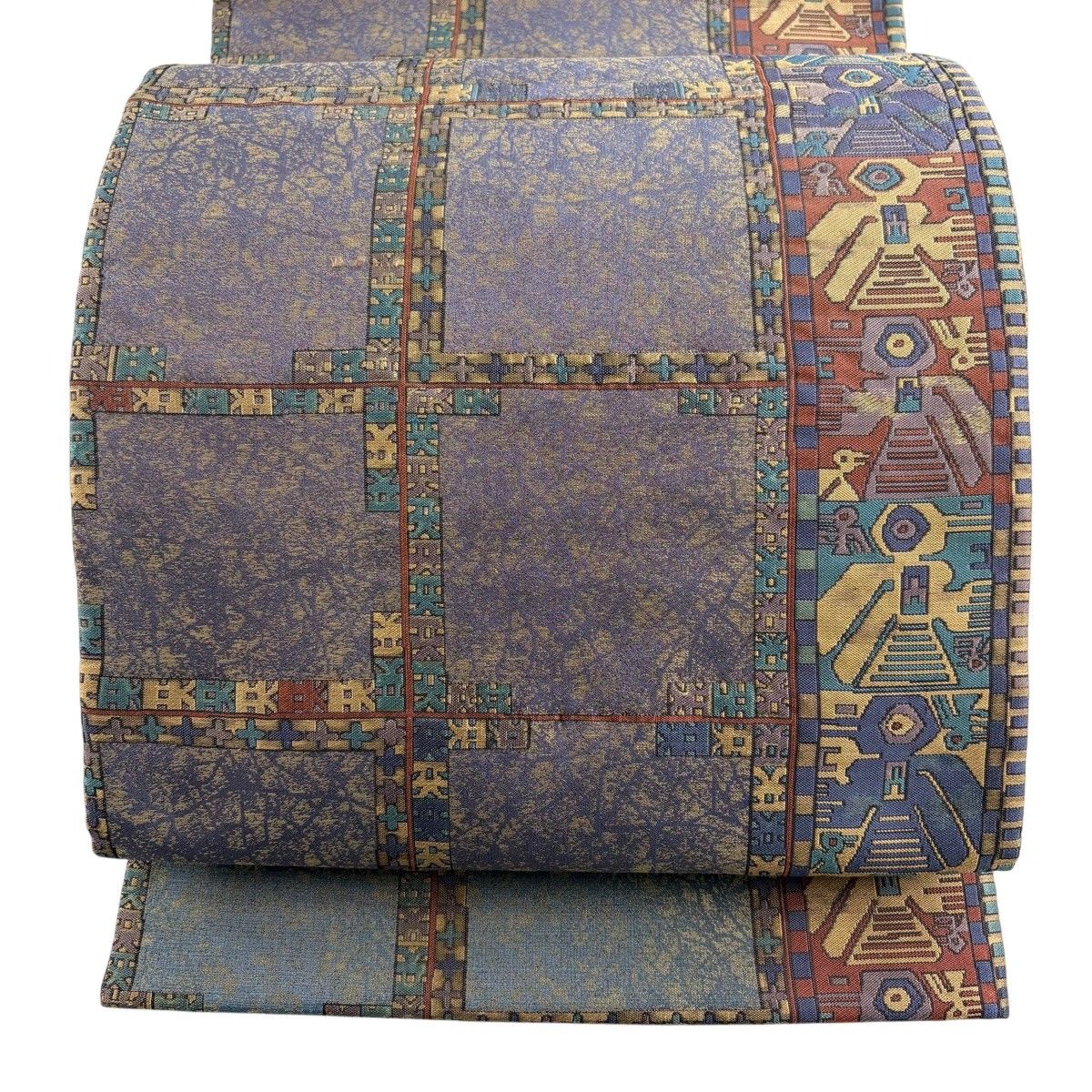 【美品】 袋帯 名品 証紙 鳥 幾何学 金糸 灰紫 六通 正絹 【中古】