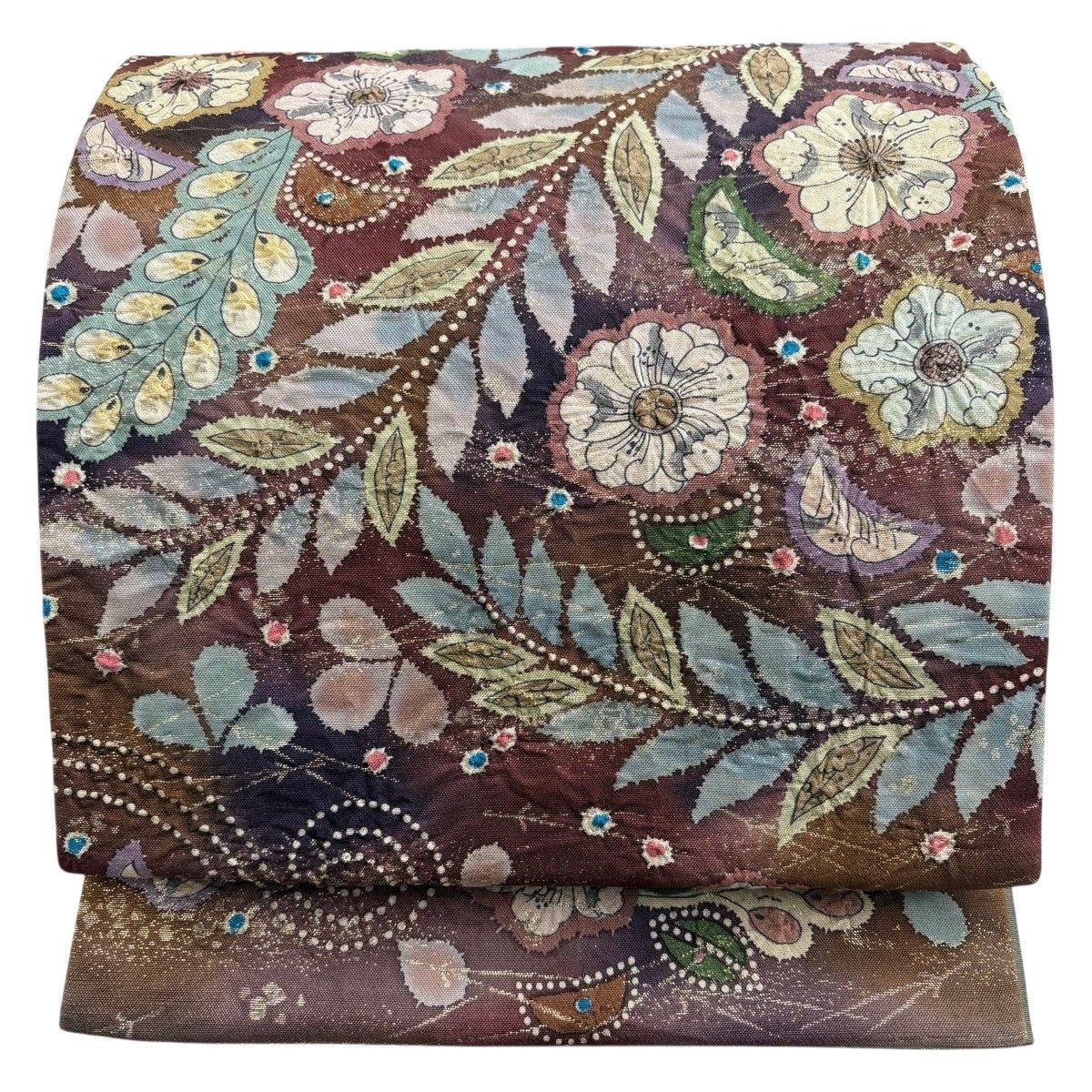 【美品】 袋帯 名品 落款 辻が花 松葉 ぼかし 箔 赤紫 お太鼓柄 正絹 【中古】