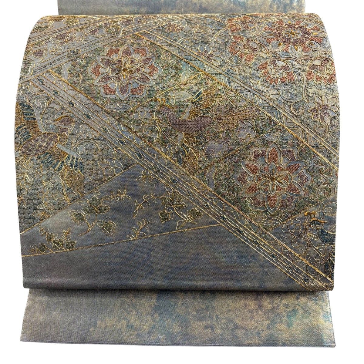 【美品】 袋帯 名品 関西仕立て 華文 花喰鳥 金糸 刺繍 金色 お太鼓柄 正絹 【中古】