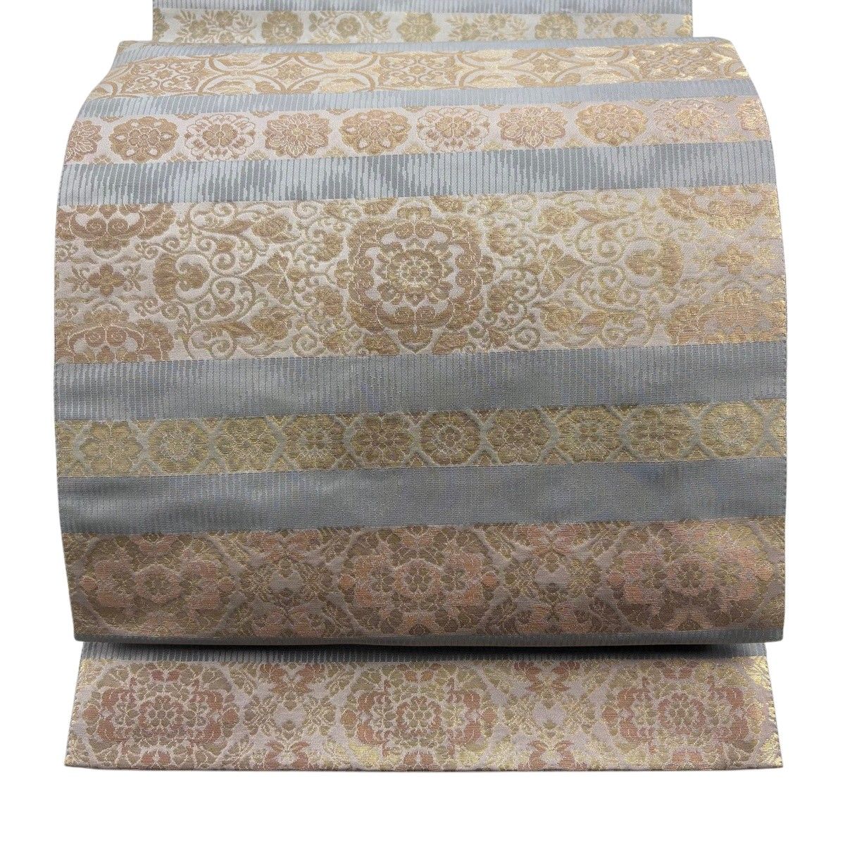 【美品】 袋帯 名品 華文 縞 箔 灰色 お太鼓柄 正絹 【中古】