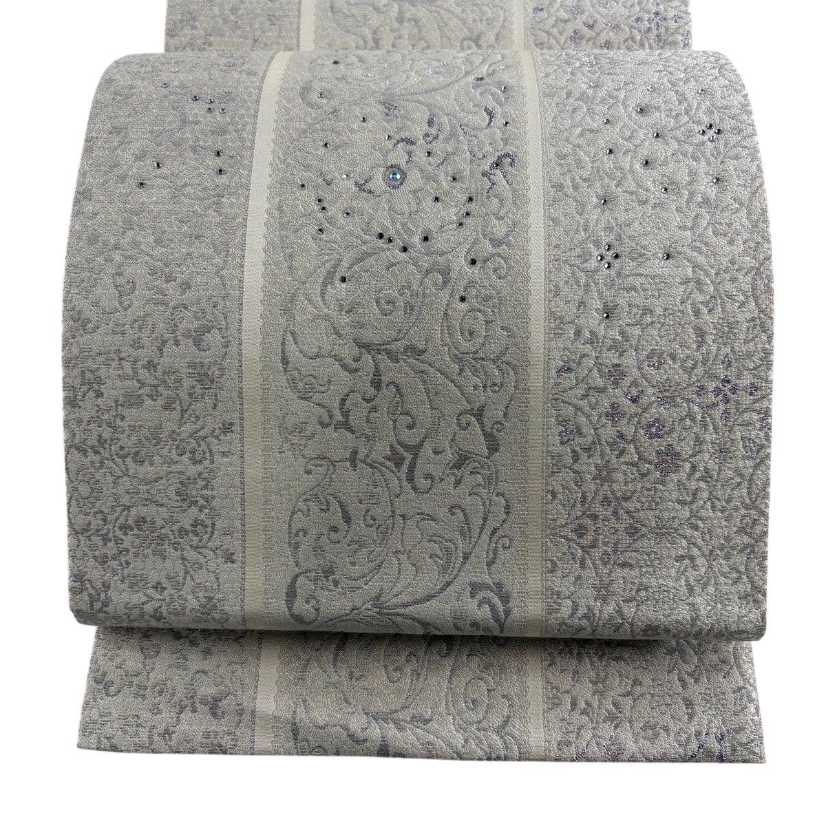 【美品】 袋帯 名品 花唐草 縞 箔 ラインストーン 灰白 お太鼓柄 正絹 【中古】