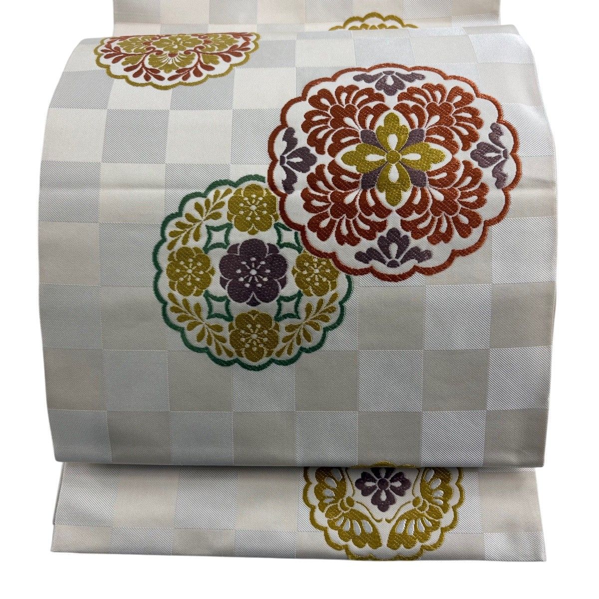 袋帯 名品 川島織物 落款 華文 市松 唐織 クリーム 六通 正絹 【中古】