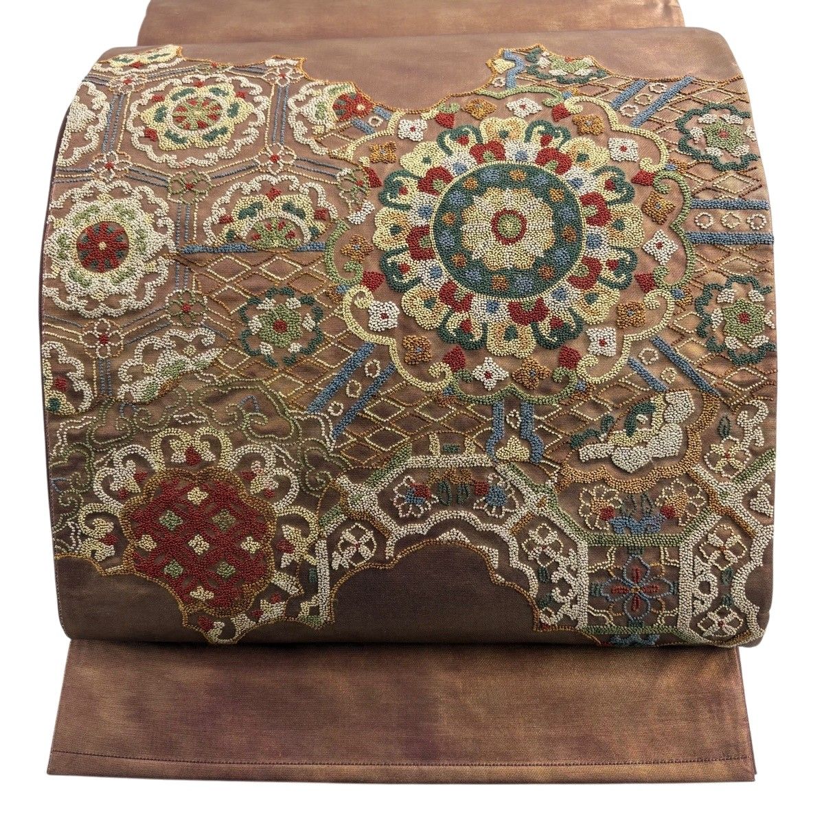 【美品】 袋帯 名品 逆さ雲取り 亀甲華文 相良刺繍 箔 茶色 お太鼓柄 正絹 【中古】