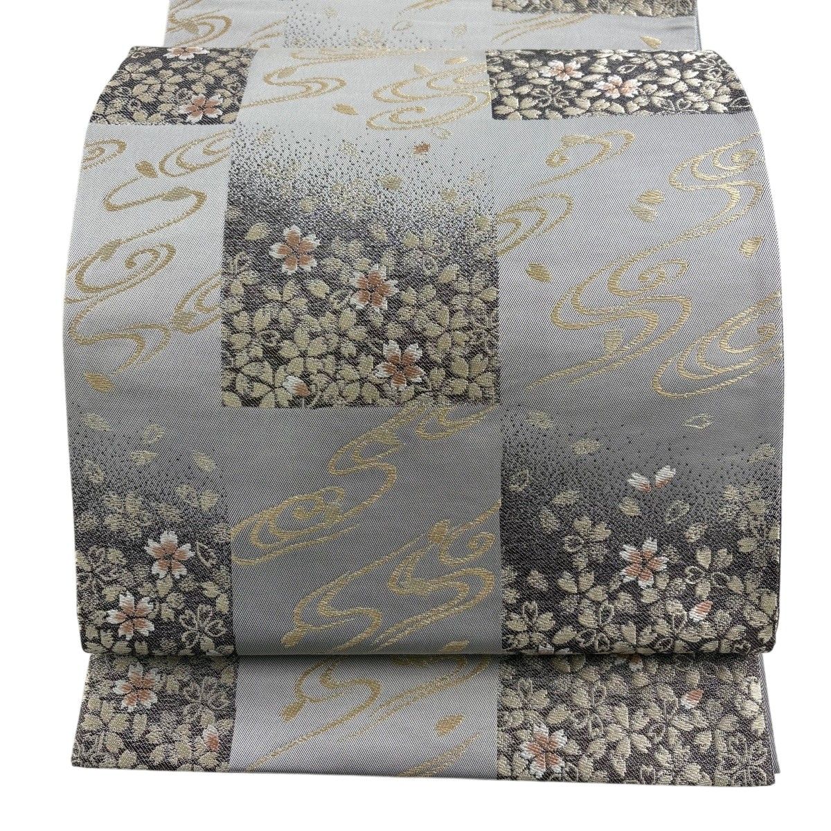 【美品】 袋帯 名品 坂東三津五郎 落款 やまと 桜 流水 金糸 灰色 六通 正絹 【中古】