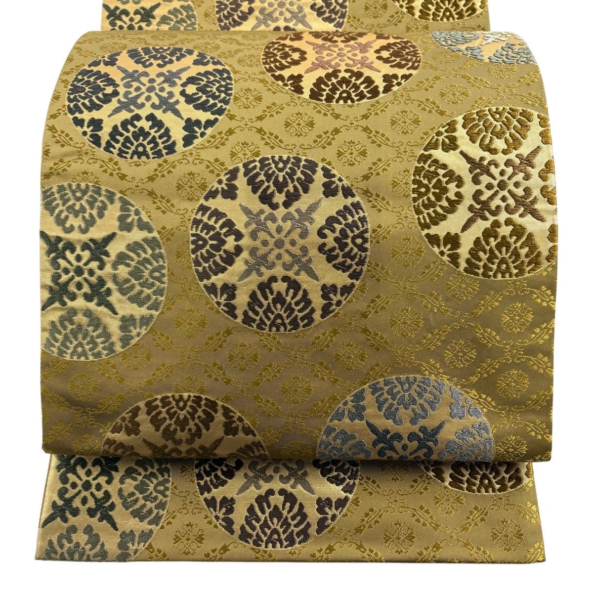 【美品】 袋帯 名品 やまと 浮線綾文 箔 山吹茶色 六通 正絹 【中古】