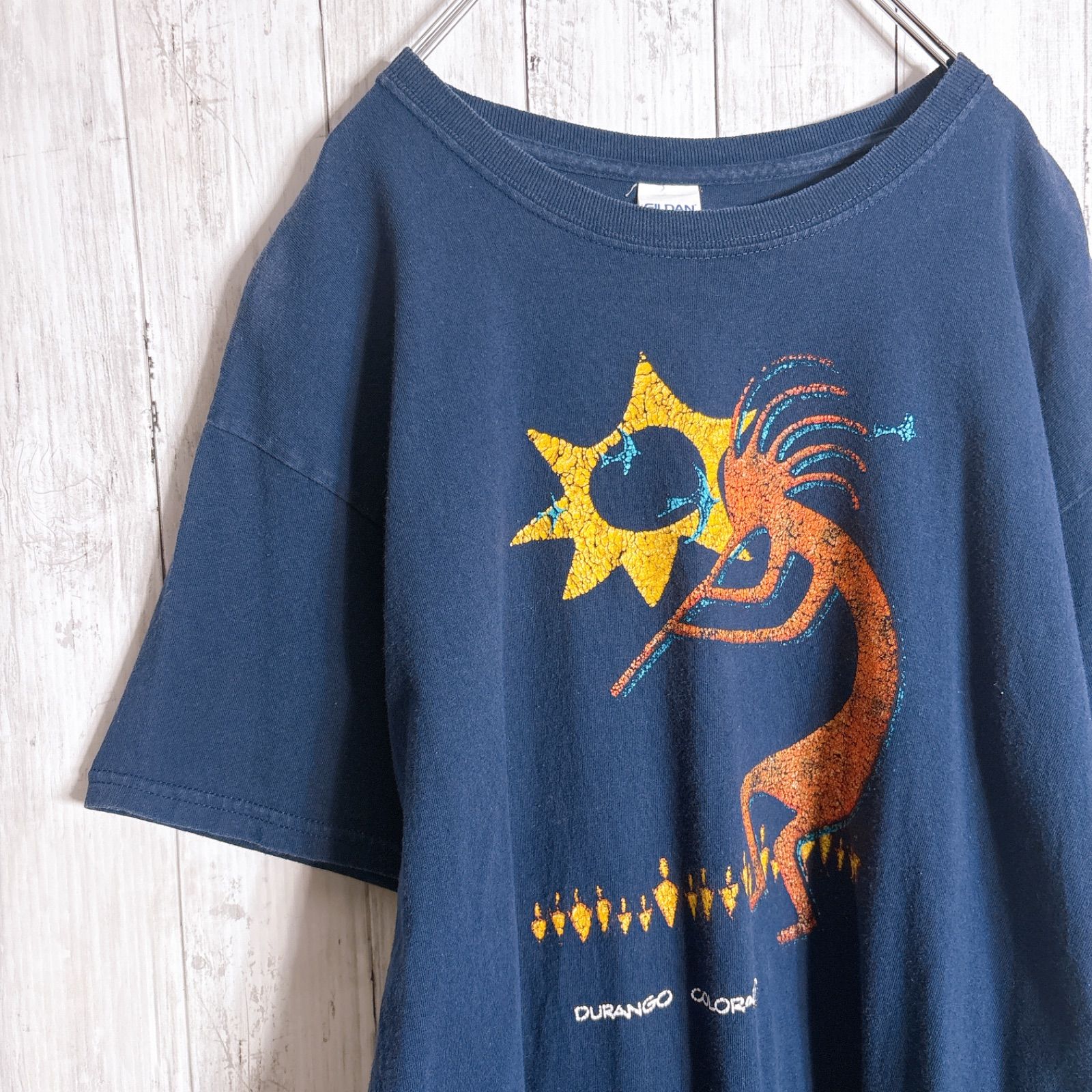 入手困難】00s Vintage 古着 ココペリ 民族 ネイビー 半袖Tシャツ #f34