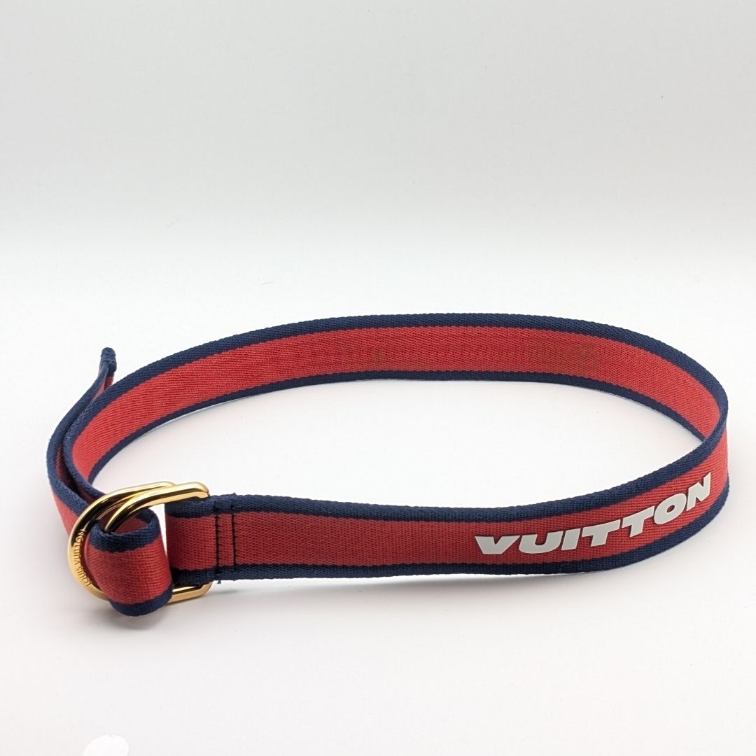 極美品 ルイヴィトン ロゴ ストライプ コットン ベルト レッド ネイビー