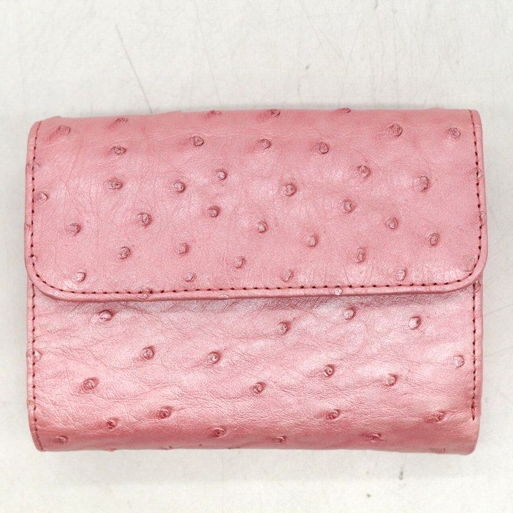 オーストリッチ レザー 本革 二つ折り財布 小銭入れあり ウォレット レディース ピンク ostrich 【中古】