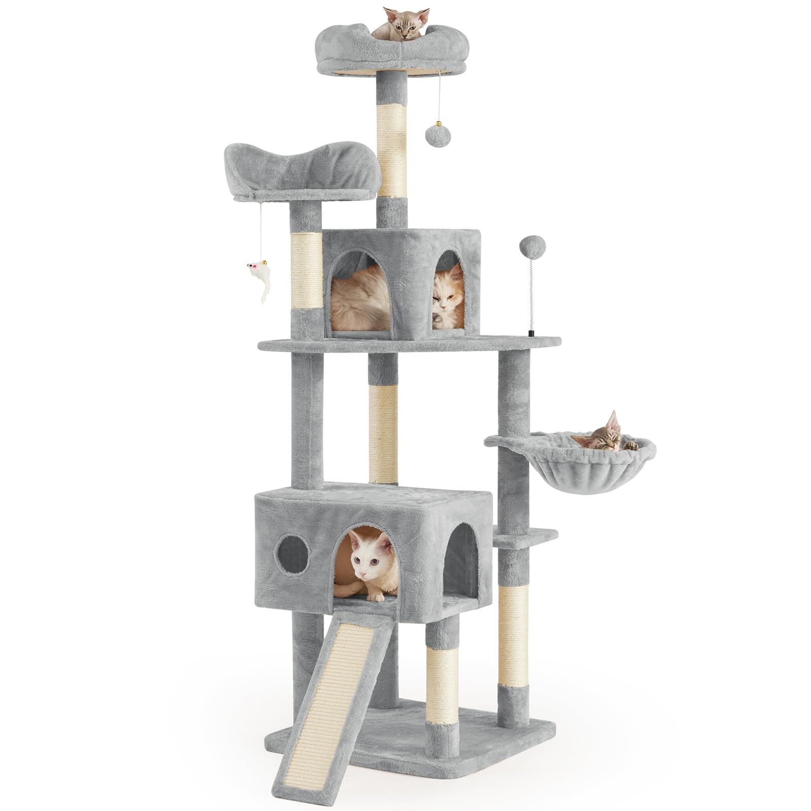 AIFY キャットタワー 大型猫用 多頭飼い 省スペース スリム 据え置き 安定強化構造 ハンモック付き 隠れ家付き 爪とぎ 見晴らし台 おもちゃ付き 運動不足解消 高さ170cm グレー 0