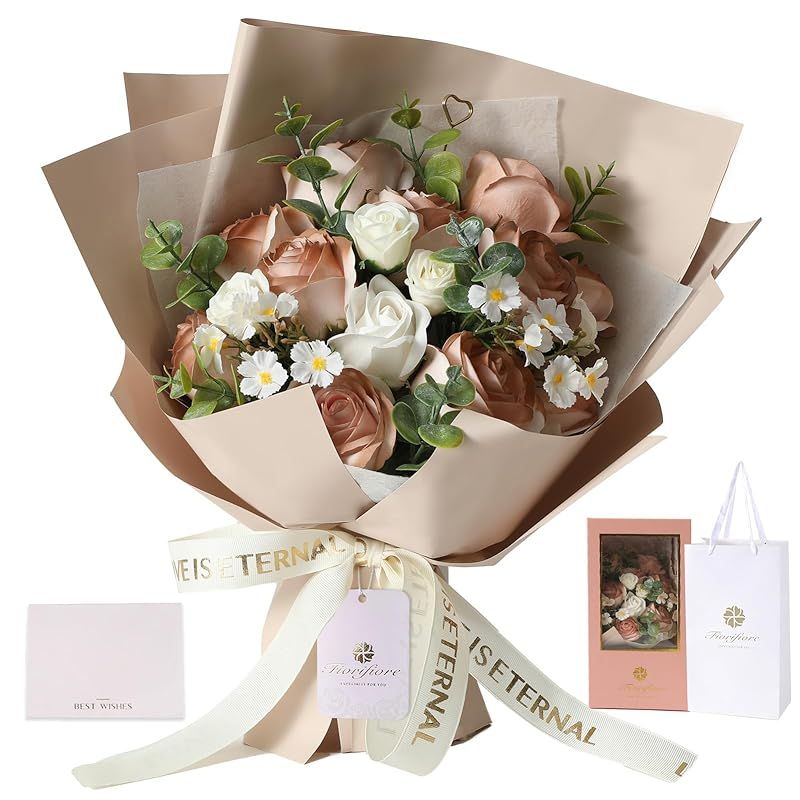Fiorifiore 人気 母の日 ソープフラワー 卒業式 花束 プレゼント ギフト 誕生日 造花 バラ 18本 女性 結婚祝い 退職 送別会 インテリア (Cappuccino) 0