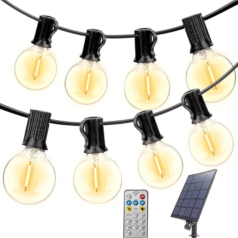 ソーラーストリングライト防雨型ガーデンライト 15M 電球色 25＋2個 G40LED電球 E12口金 8調光モード リモコン付き 破損しにくい 新年／祝日／結婚式／誕生日／学園祭／クリスマス／室内／屋外照明 ソーラー USB充電 飾りライト 1