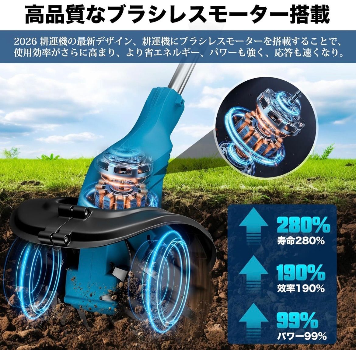 耕運機 家庭用 電動耕うん機 コードレス充電式 850Wブラシレスモーター 
