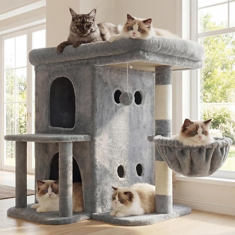 Heyblyキャットタワー 高さ65cm 大型猫用 猫タワー 据え置き スリム 省スペース 多頭飼い対応 広々としたプラットフォーム 二段猫ハウス 剣麻巻き爪とぎ柱 快適なバスケット ポンポン飾り付き 室内用猫家具 ライトグレー HCT204SW 1