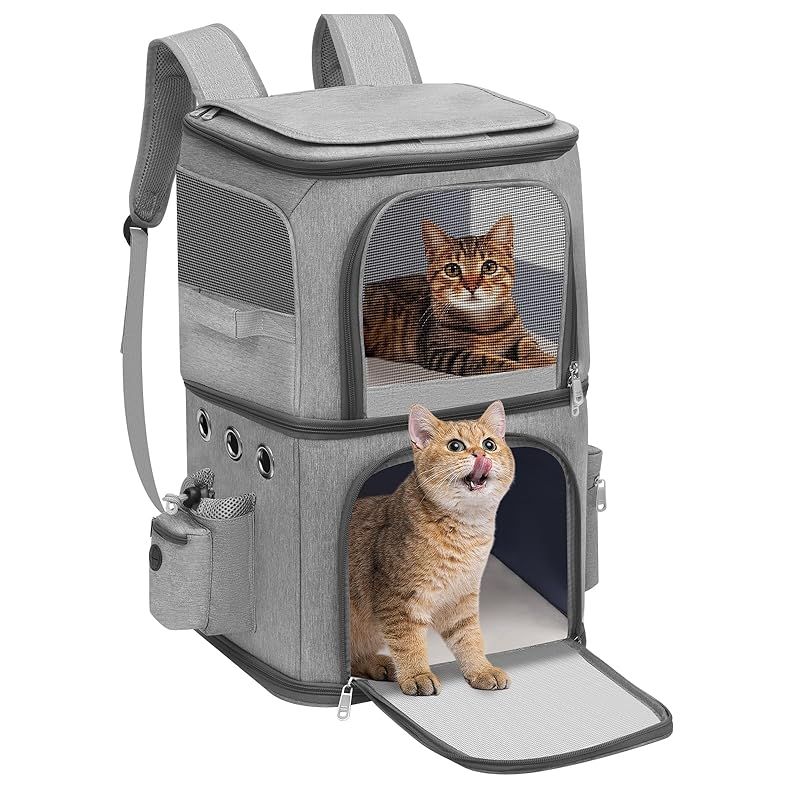 HOVONO 猫 2 匹 キャリー リュック 小型 犬 2段式 ペット ネコ の リュック ペットバッグ 大容量 通気性 旅行/通院/交通機関/災害避難用 グレー XL 1