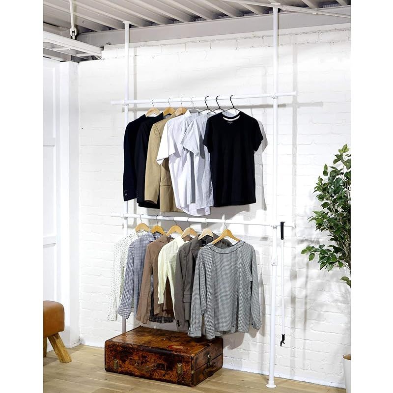山善(YAMAZEN) 突っ張り ラック ポールハンガー ハンガーラック 全体耐荷重60kg シャツ最大90着 ひっかけ棒付き ワンタッチ突っ張り (実用新案取得済) 縦横伸縮 (幅90-160cm/高さ190-260cm) 衣類収納 組立品 マットホワイ 1