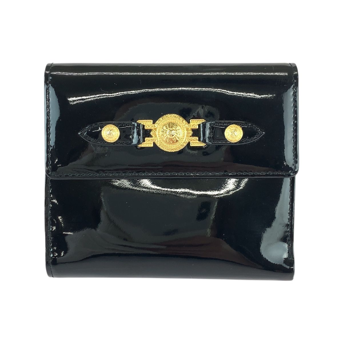 美品 VERSACE ヴェルサーチ サンバースト ブラック 黒 ゴールド金具 エナメル 折財布 コンパクトウォレット レディース 600056 【中古】 美品 VERSACE ヴェルサーチ サンバースト ブラック 黒 ゴールド金具