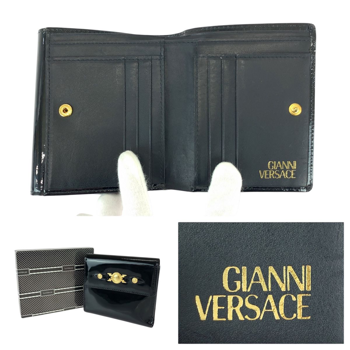 美品 VERSACE ヴェルサーチ サンバースト ブラック 黒 ゴールド金具 エナメル 折財布 コンパクトウォレット レディース 600056 【中古】 美品 VERSACE ヴェルサーチ サンバースト ブラック 黒 ゴールド金具