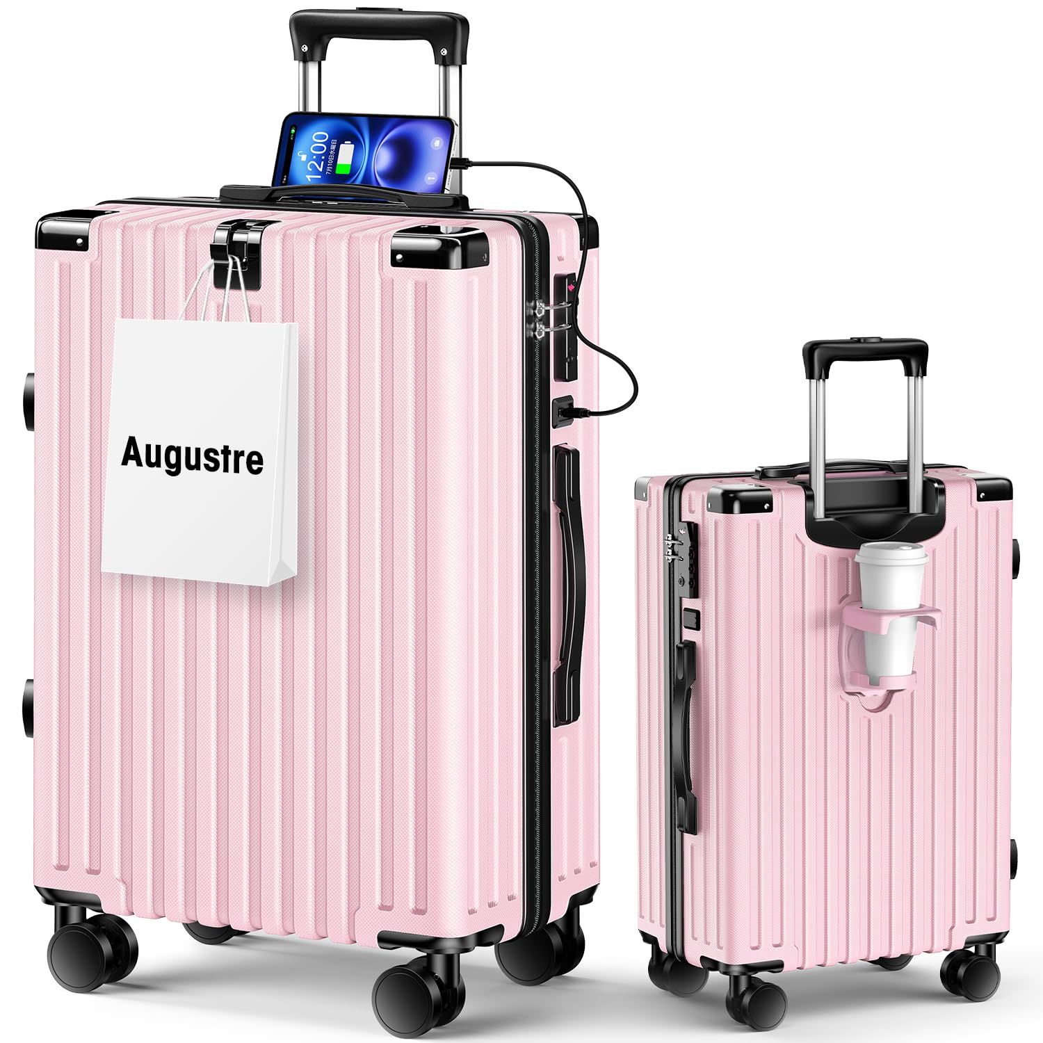 [Augustre] スーツケース 機内持ち込み 超軽量 キャリーケース 大型 軽量 多機能 キャリーバッグ 静音 耐衝撃 ダブルキャスター S／M／Lサイズ カップホルダー付 USB充電機能 隠しフック機能 360度回転 TSAローク搭載 ファスナー式 1