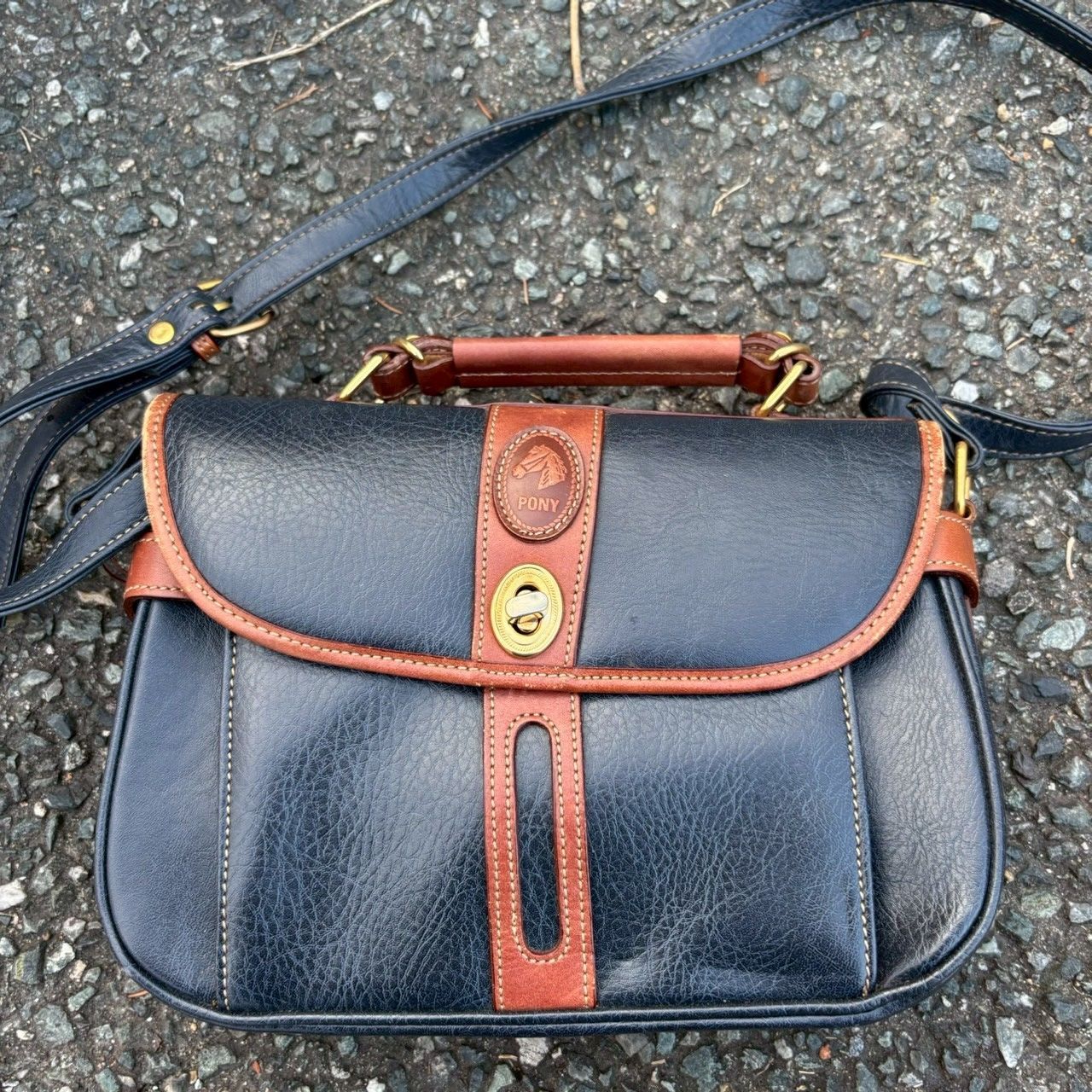 送料込み】PONY ITALIA MODA レザー 2wayバッグ ネイビー×ブラウン 